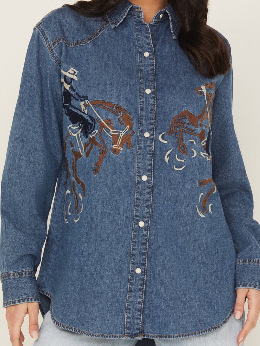 Denim Western Embroidered Button-Up Shirt - Blue - Wrangler Pearl Snaps